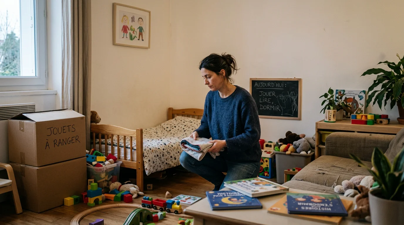 Adulte rangeant les jouets et le matériel de garde en fin de journée à domicile