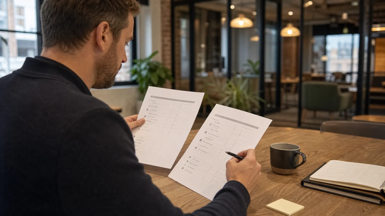 Business owner checking an itemised office quote at a shared workspace