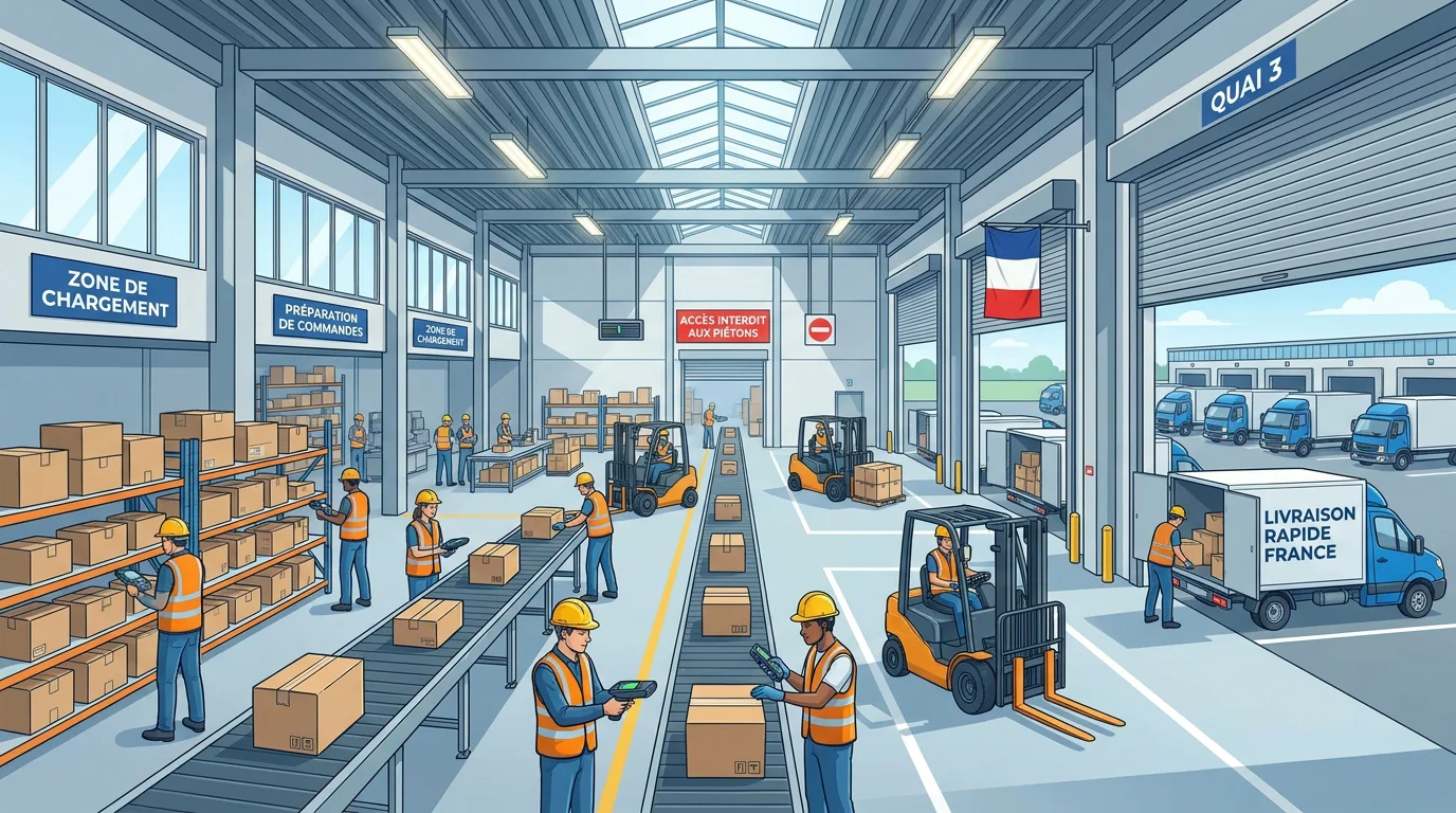 Entrepôt logistique en France avec camions et travailleurs intérimaires en activité