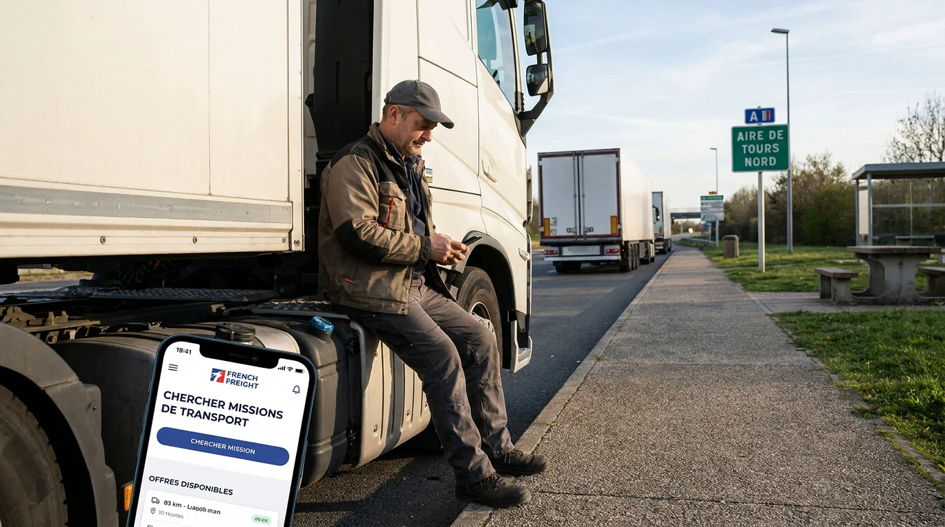 Conducteur routier en France consultant des offres de missions intérimaires sur son téléphone