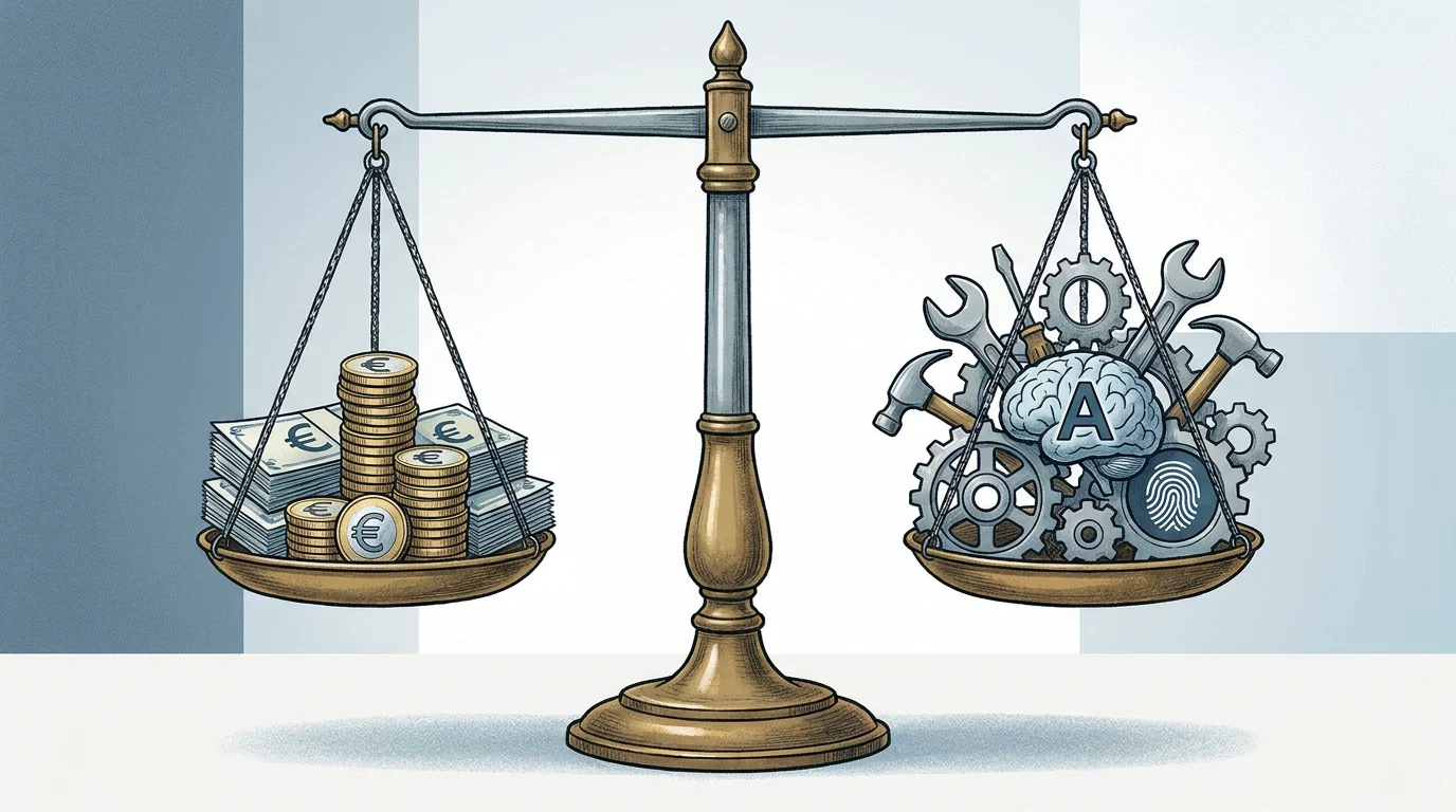 Illustration d'une balance comparant les coûts et la flexibilité entre deux solutions e-commerce