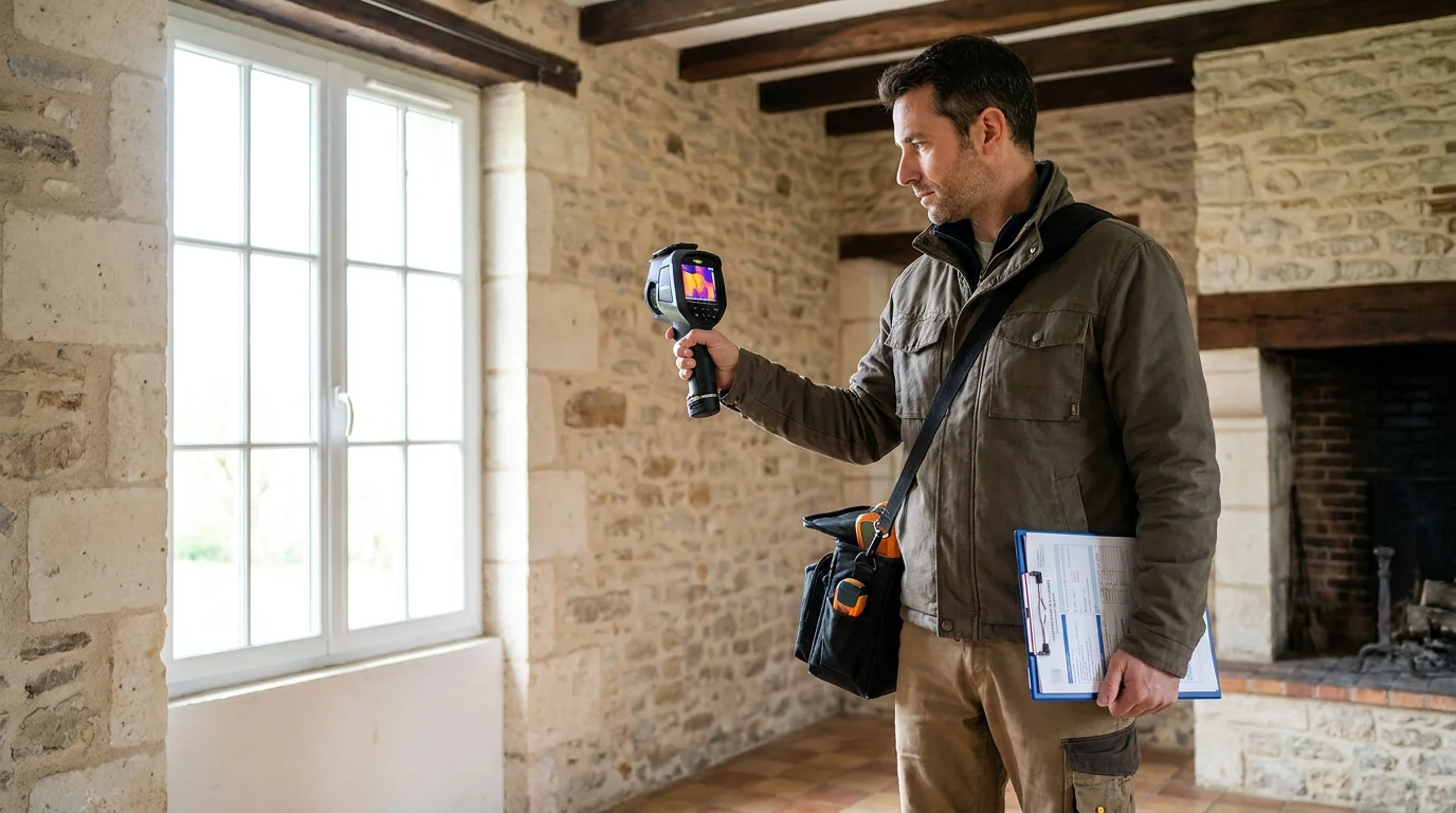 Diagnostiqueur immobilier inspectant une maison de 100 m² pour réaliser un DPE
