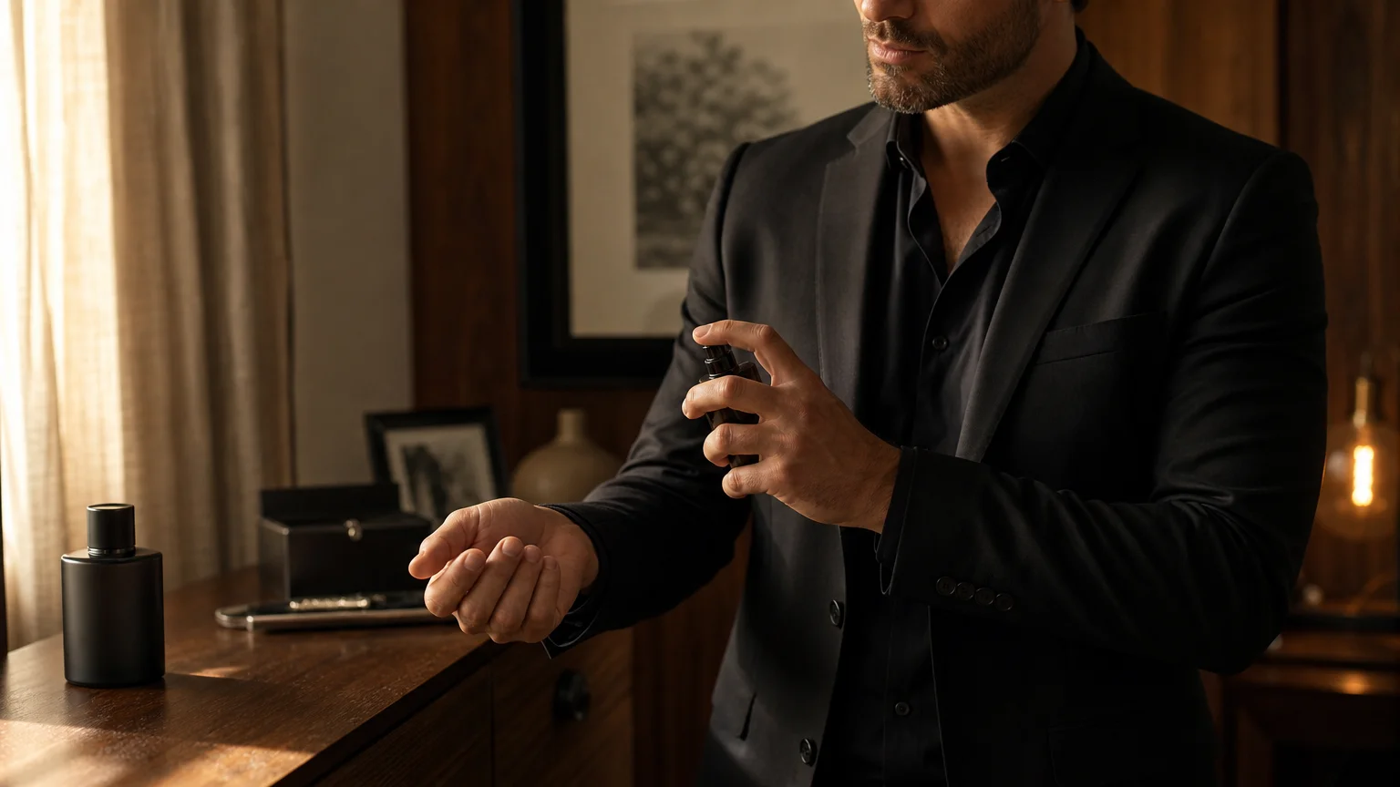 Homme appliquant une fragrance boisée avant une soirée