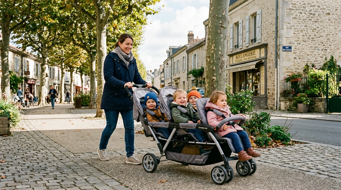 Assistante maternelle promenant des enfants dans une poussette quadruple en France