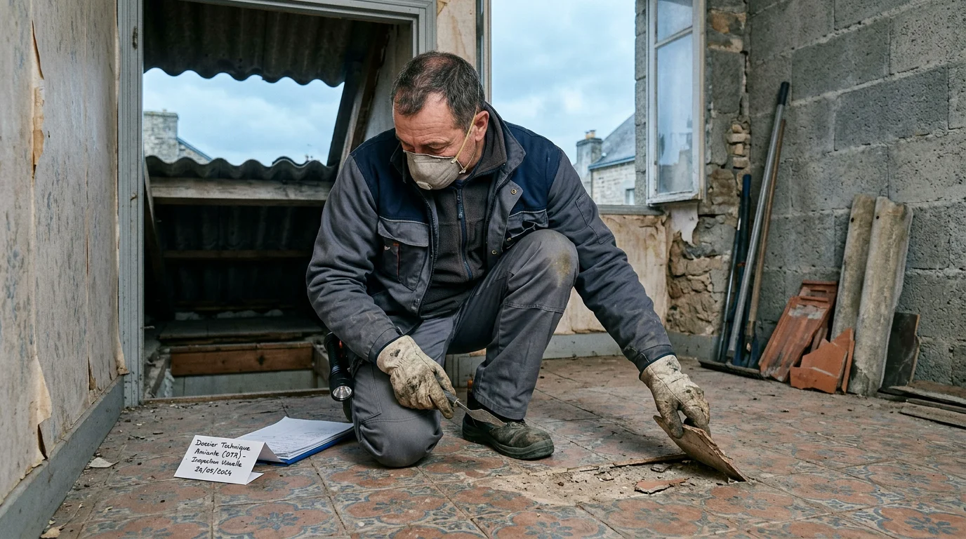 Diagnostiqueur certifié inspectant des matériaux susceptibles de contenir de l'amiante dans un logement ancien
