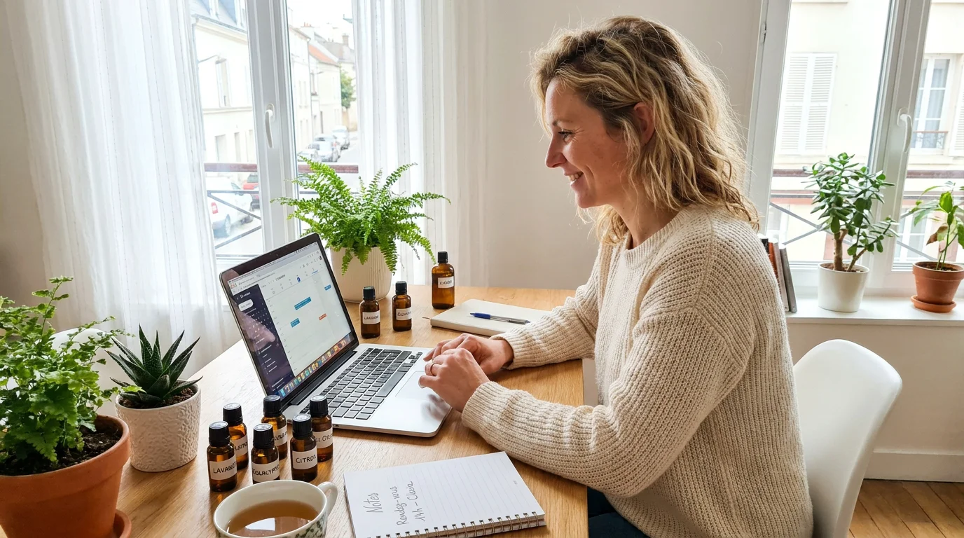 Thérapeute européenne suivant une formation en aromathérapie en ligne depuis son bureau à domicile