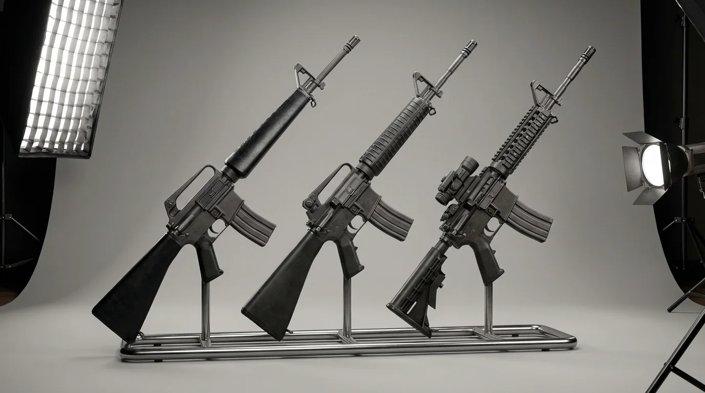 Trois générations de fusils d'assaut américains alignés illustrant l'évolution du design