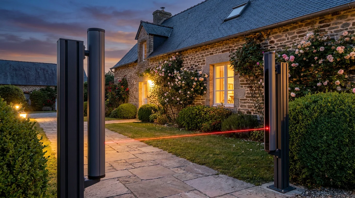 Deux colonnes de barrière infrarouge sans fil installées dans un jardin résidentiel français au crépuscule