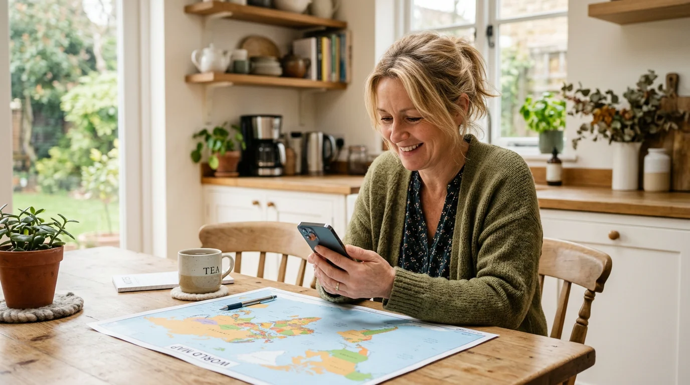 Person playing a country-guessing flag puzzle on a phone at a table
