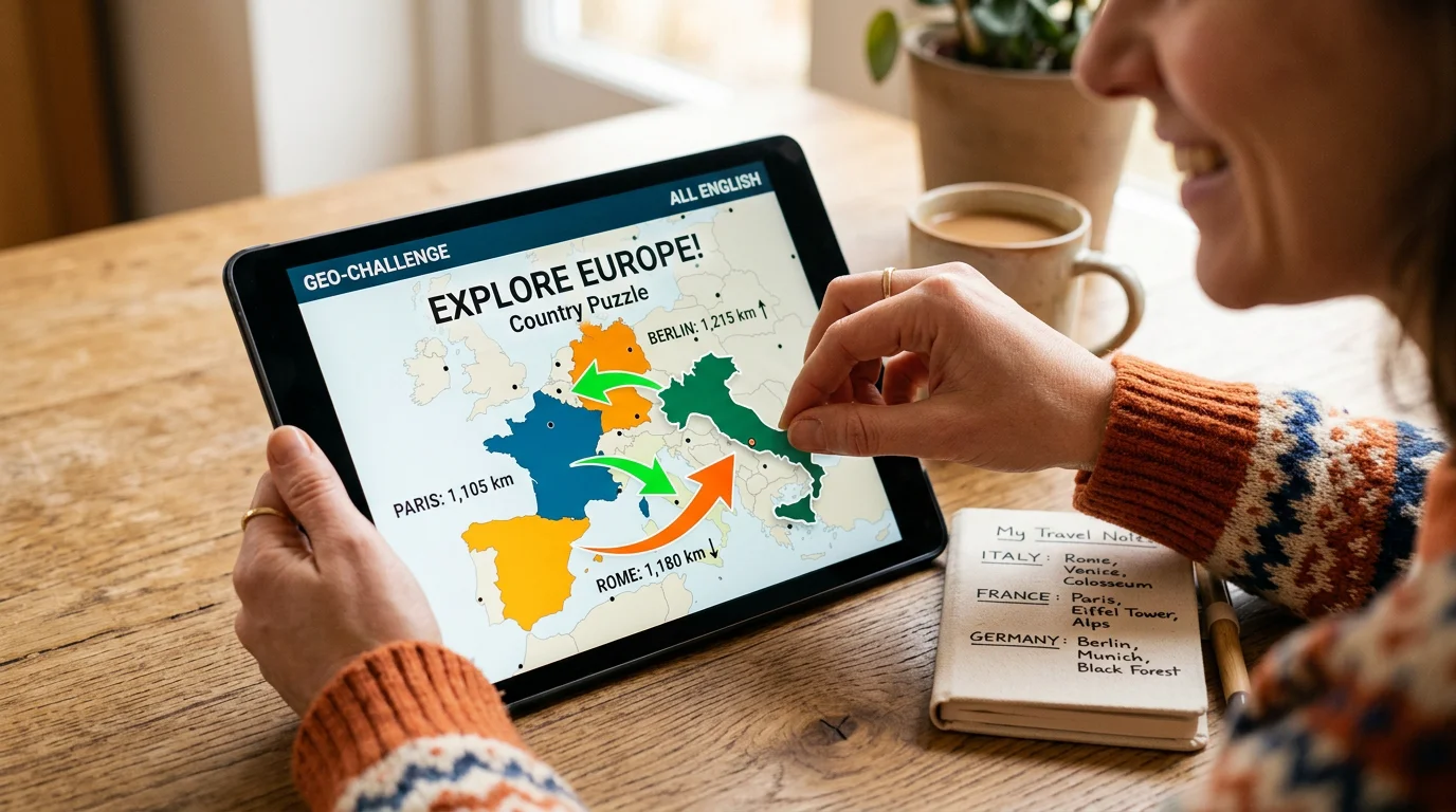 Hands holding a tablet showing a country silhouette guessing puzzle
