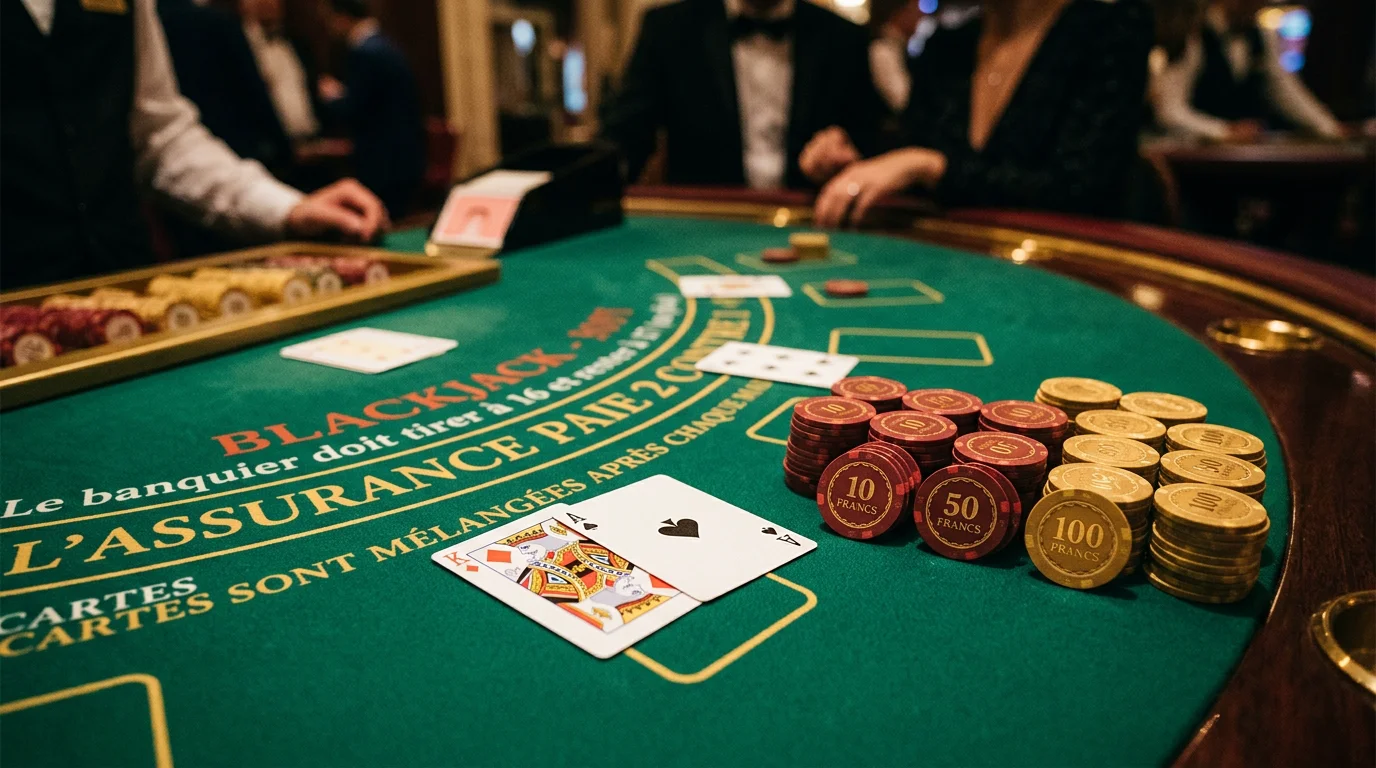 Table de blackjack avec un as et un roi accompagnés de jetons