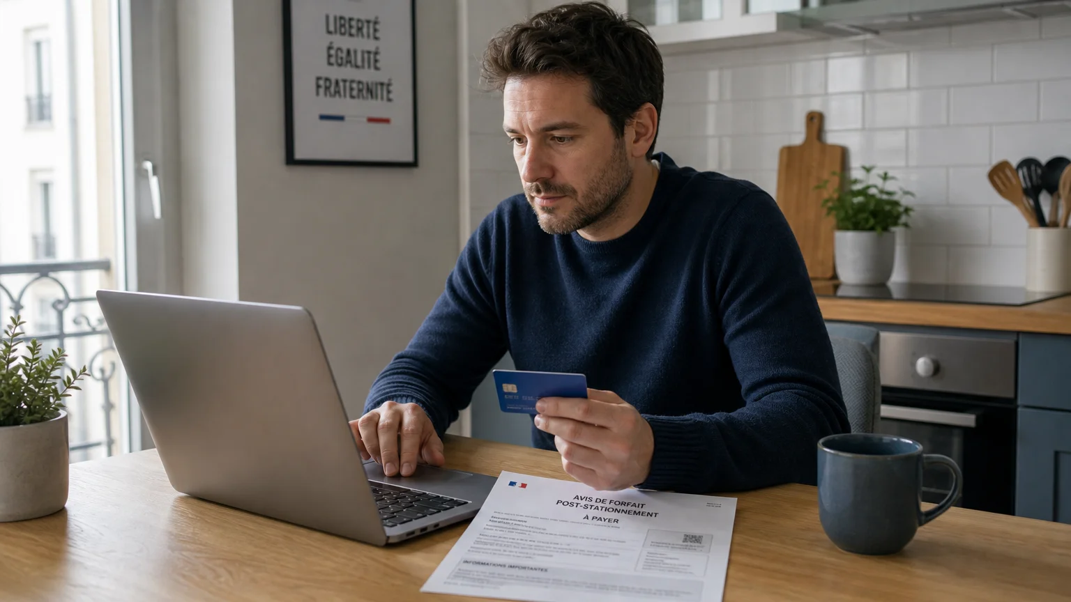 Automobiliste réglant un forfait post-stationnement en ligne sur un ordinateur portable