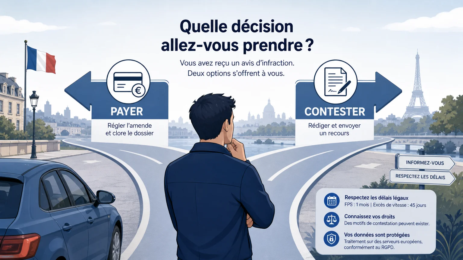 Automobiliste hésitant entre payer et contester une amende de stationnement