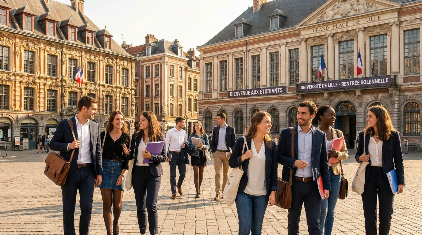 Étudiants en alternance marchant sur la Grand Place de Lille