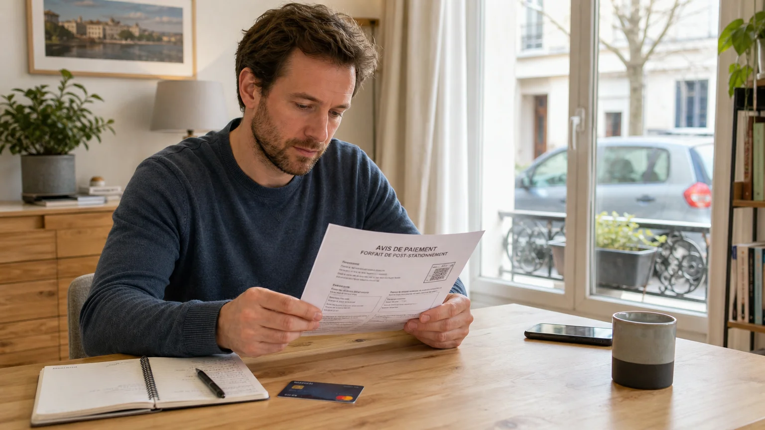 Automobiliste vérifiant un avis de paiement FPS avant de payer ou contester