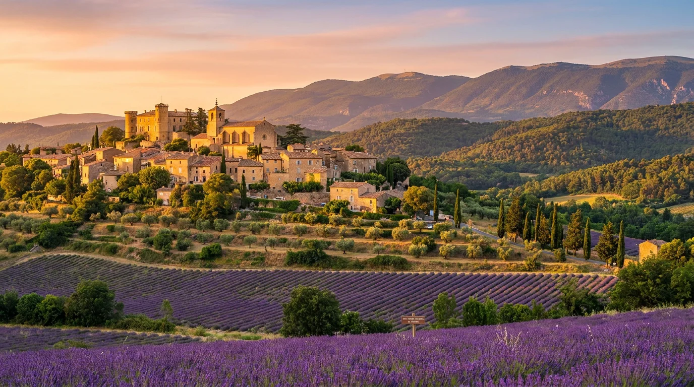 Vue panoramique du Luberon avec villages perchés et champs de lavande en Provence
