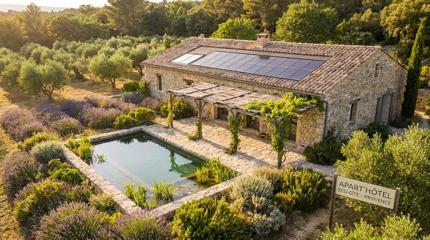 Apart'hôtel éco-responsable dans le Luberon avec piscine et végétation méditerranéenne