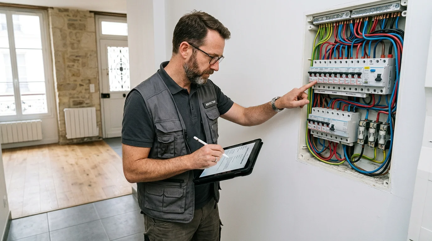 Un diagnostiqueur immobilier certifié contrôle un tableau électrique lors d'une intervention