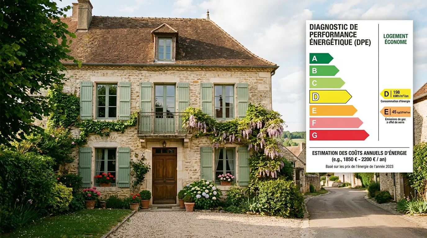 Façade d'une maison avec une étiquette énergie du DPE de A à G