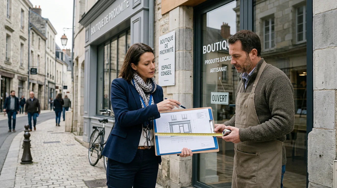 Deux professionnels européens mesurent une façade avant l'installation d'une enseigne