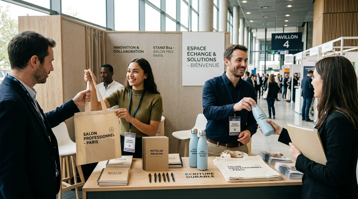 Équipe européenne distribuant des objets publicitaires sur un stand de salon
