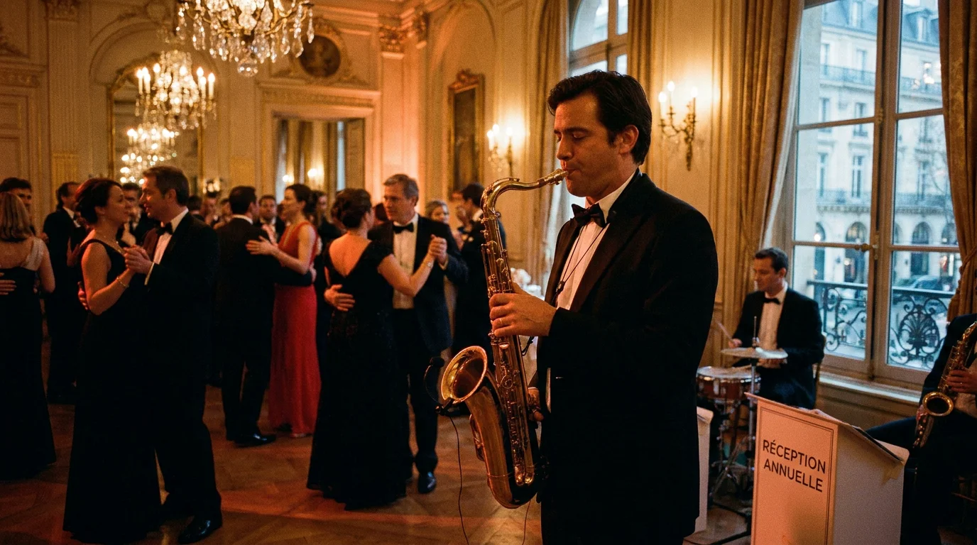Saxophoniste jouant en live sur la piste de danse lors d'une réception élégante en France