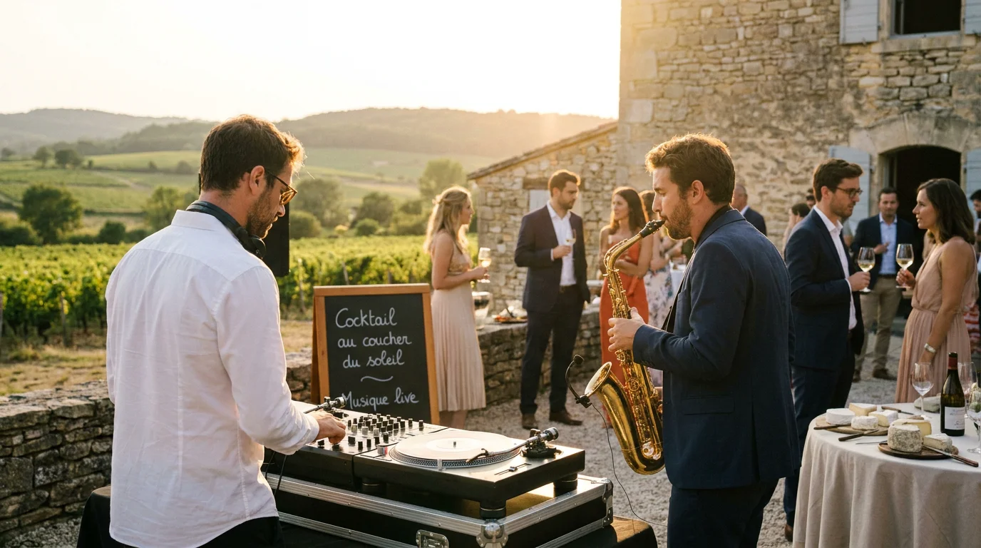 DJ et saxophoniste en duo lors d'un cocktail en extérieur dans un cadre champêtre en France