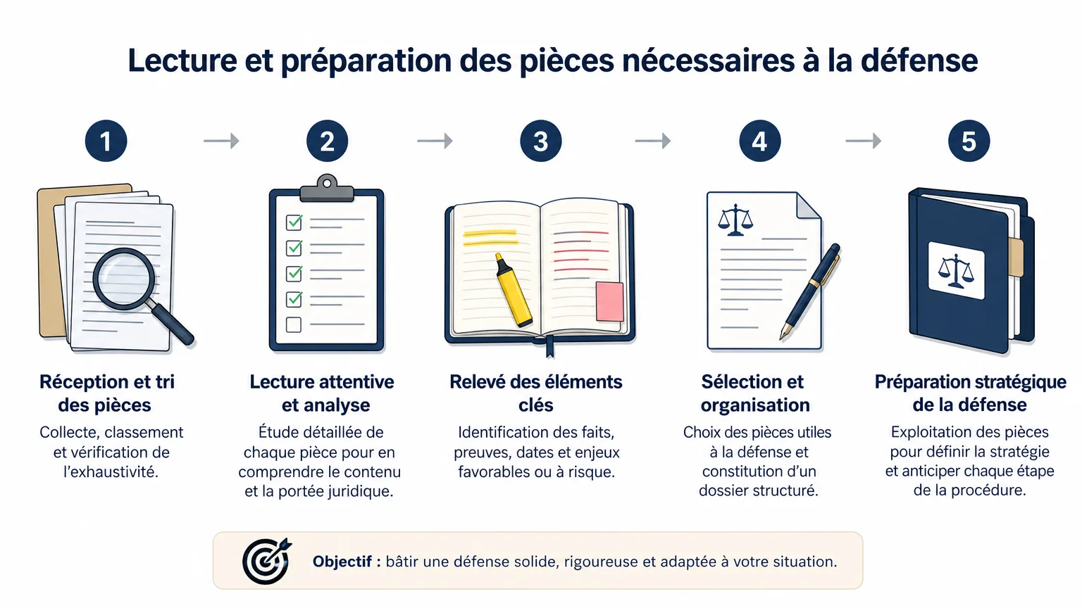 Montrer le travail de lecture et de préparation des pièces nécessaires à la défense.