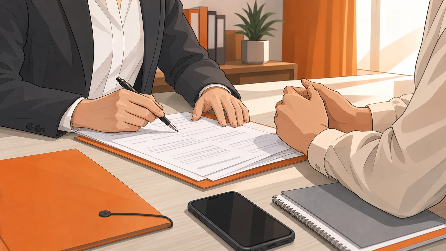 Mains d’un avocat et d’un client consultant des documents autour d’un bureau juridique.