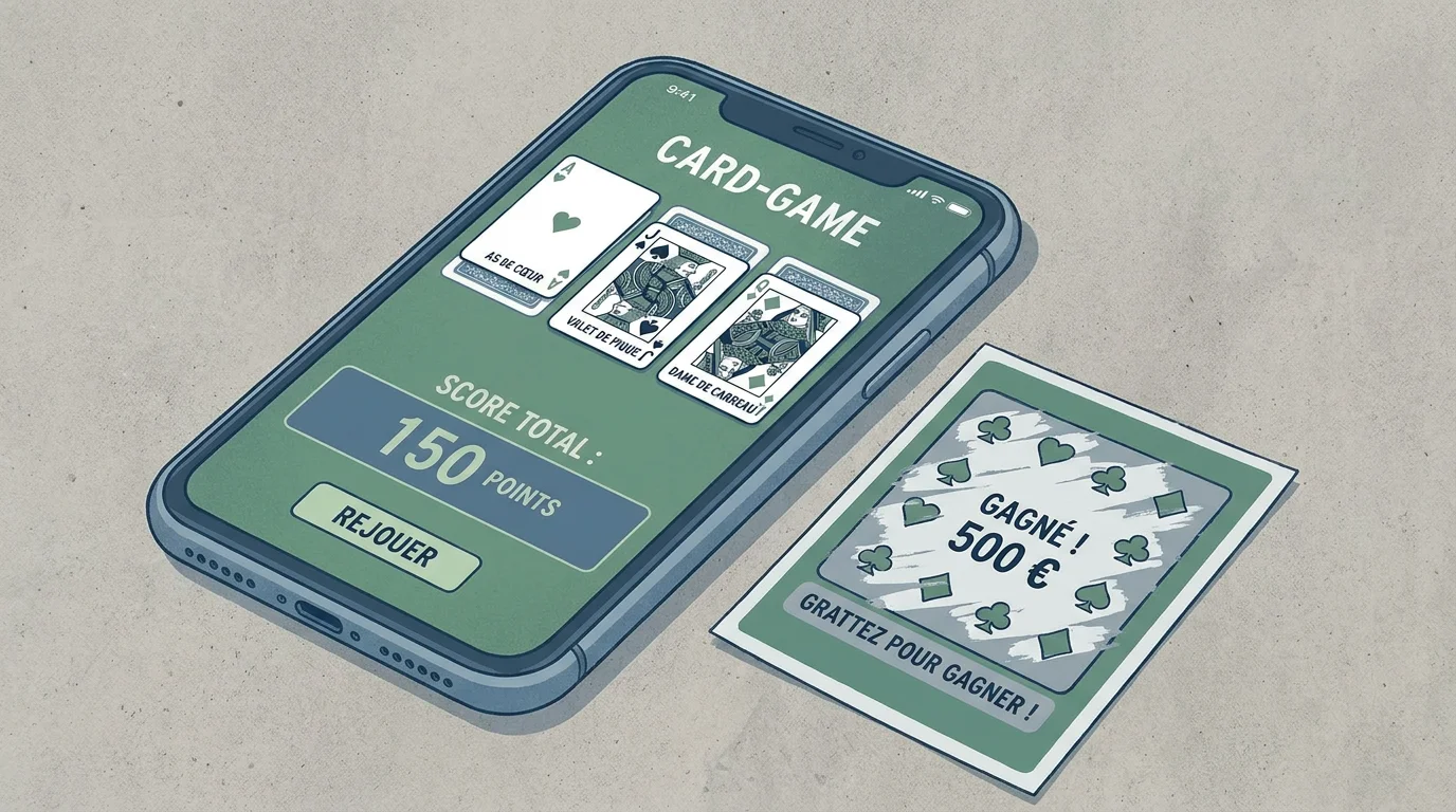 Smartphone affichant la partie digitale du jeu Maxi Black Jack à côté d'un ticket à gratter