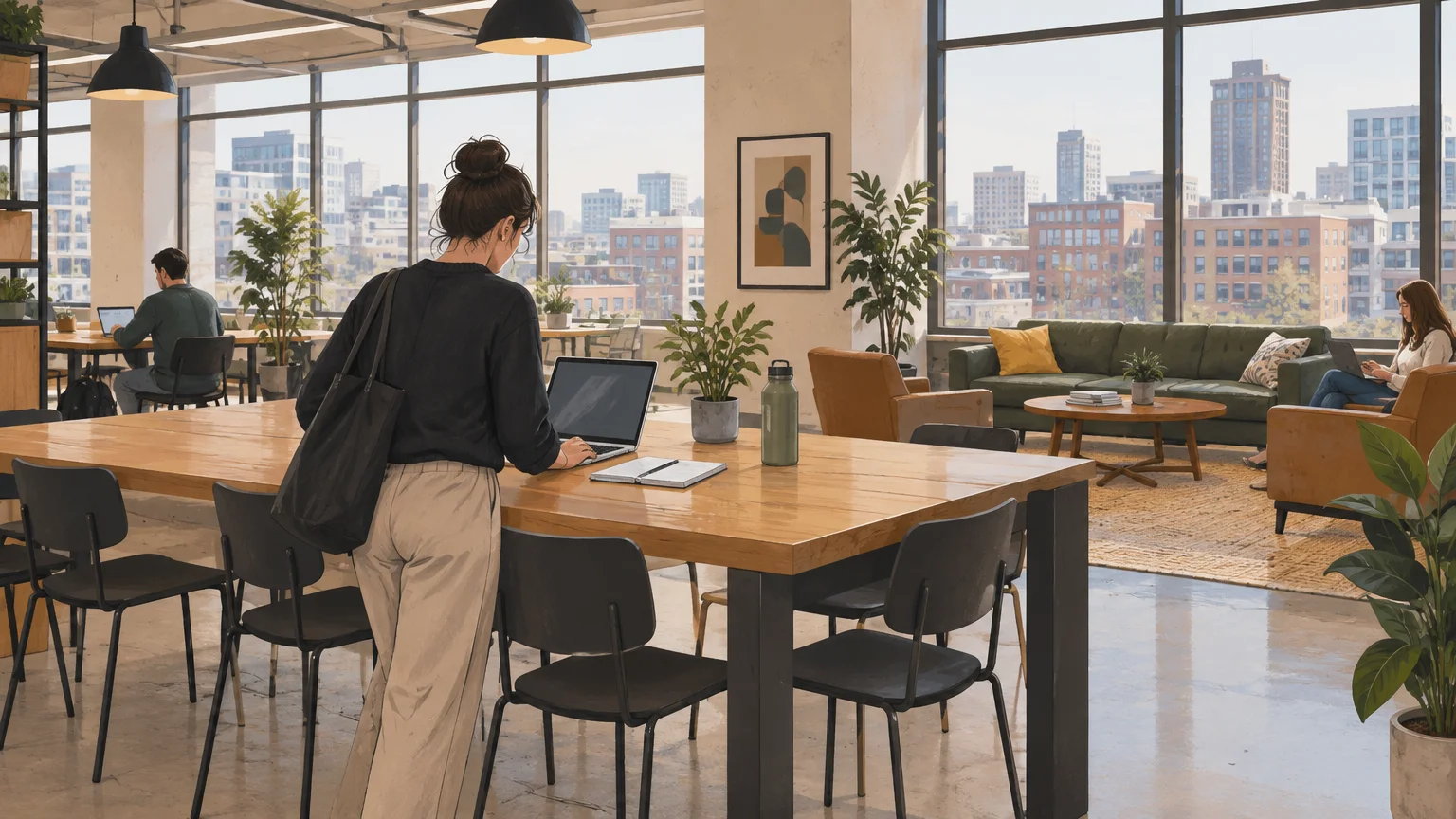 Professional settling into a shared coworking workspace in Birmingham