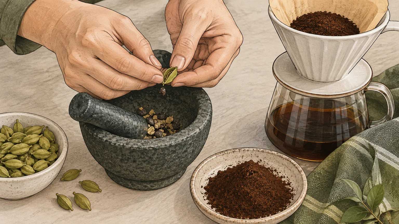 Graines de cardamome légèrement écrasées pour parfumer le café
