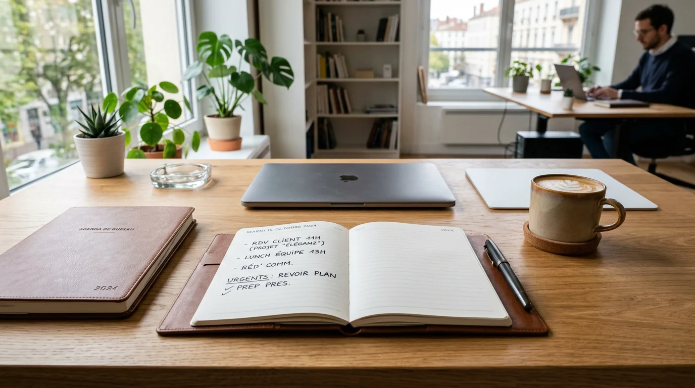 Agenda de bureau personnalisé posé sur un plan de travail lumineux