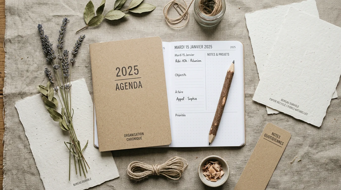 Agenda de bureau éco-conçu en papier kraft entouré de matériaux recyclés