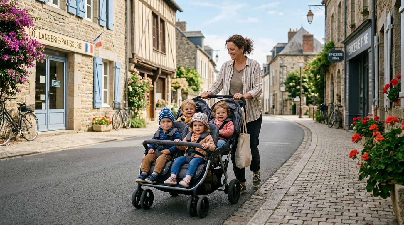 Assistante maternelle promenant une poussette multiple à quatre places en ville