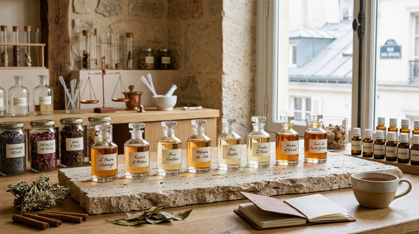 Atelier de parfumerie français avec flacons en verre sans marque