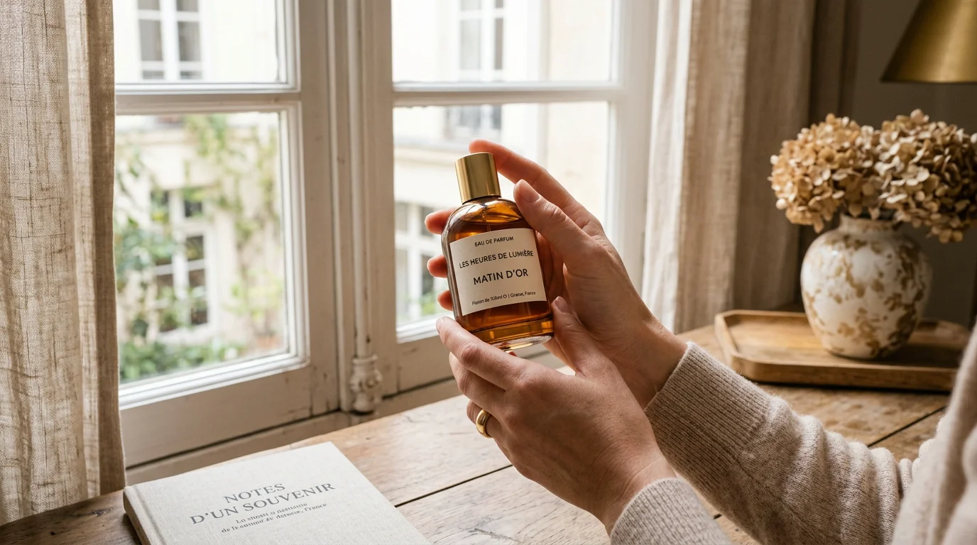 Personne tenant un flacon de parfum ambré à la lumière naturelle