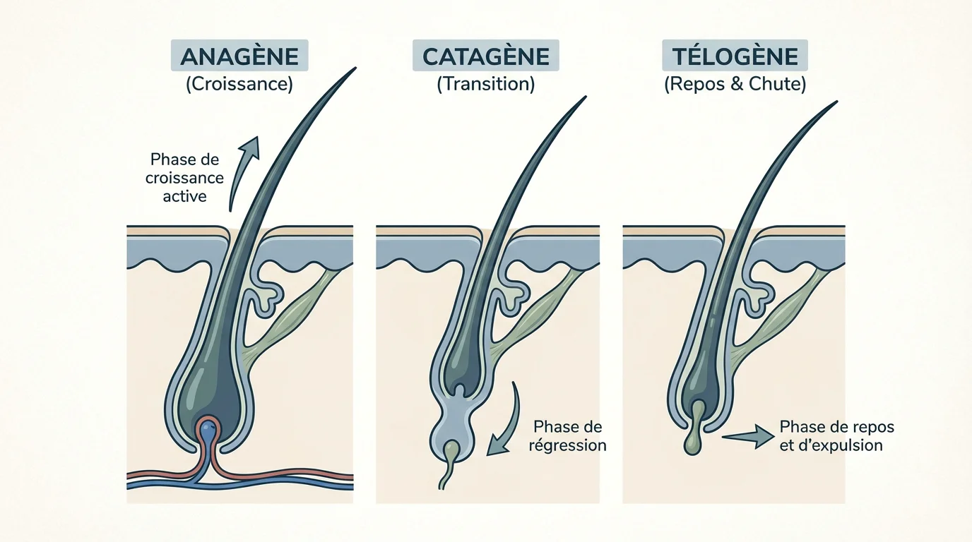Schéma des trois phases du cycle capillaire : anagène, catagène et télogène