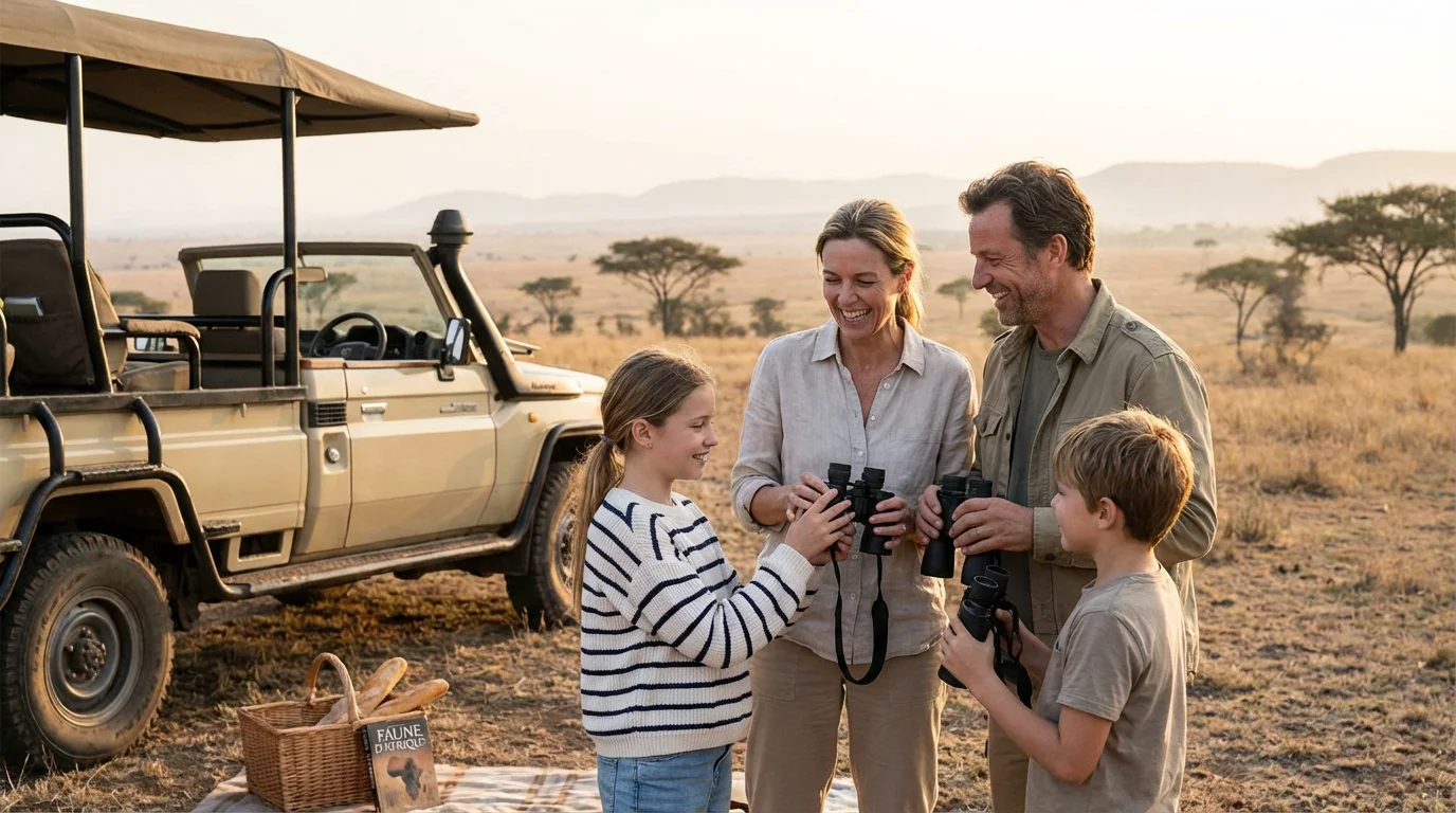 Famille européenne avec deux enfants observant la faune africaine avec des jumelles dans le bush