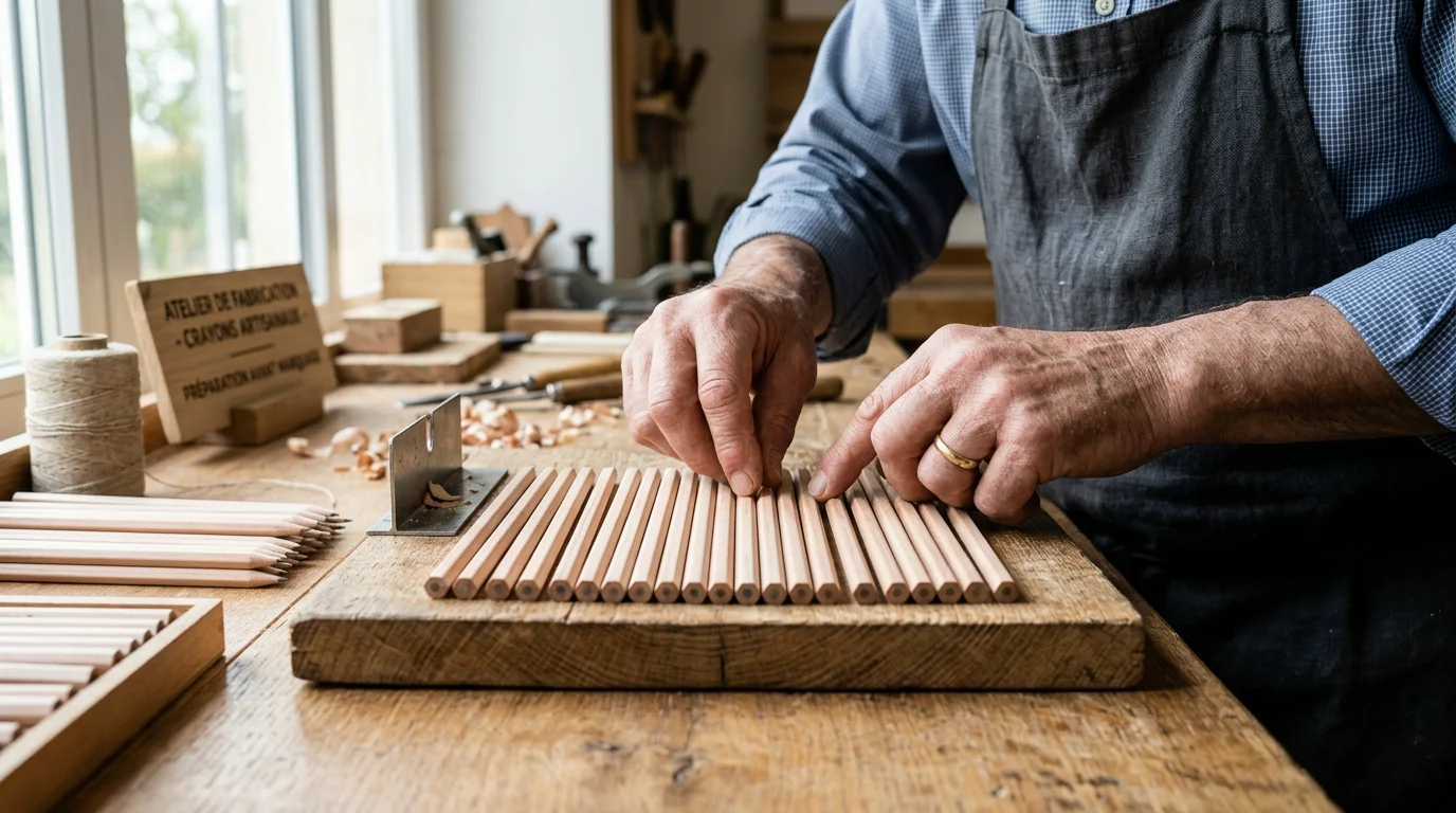 Crayons à papier en bois alignés dans un atelier de fabrication avant personnalisation