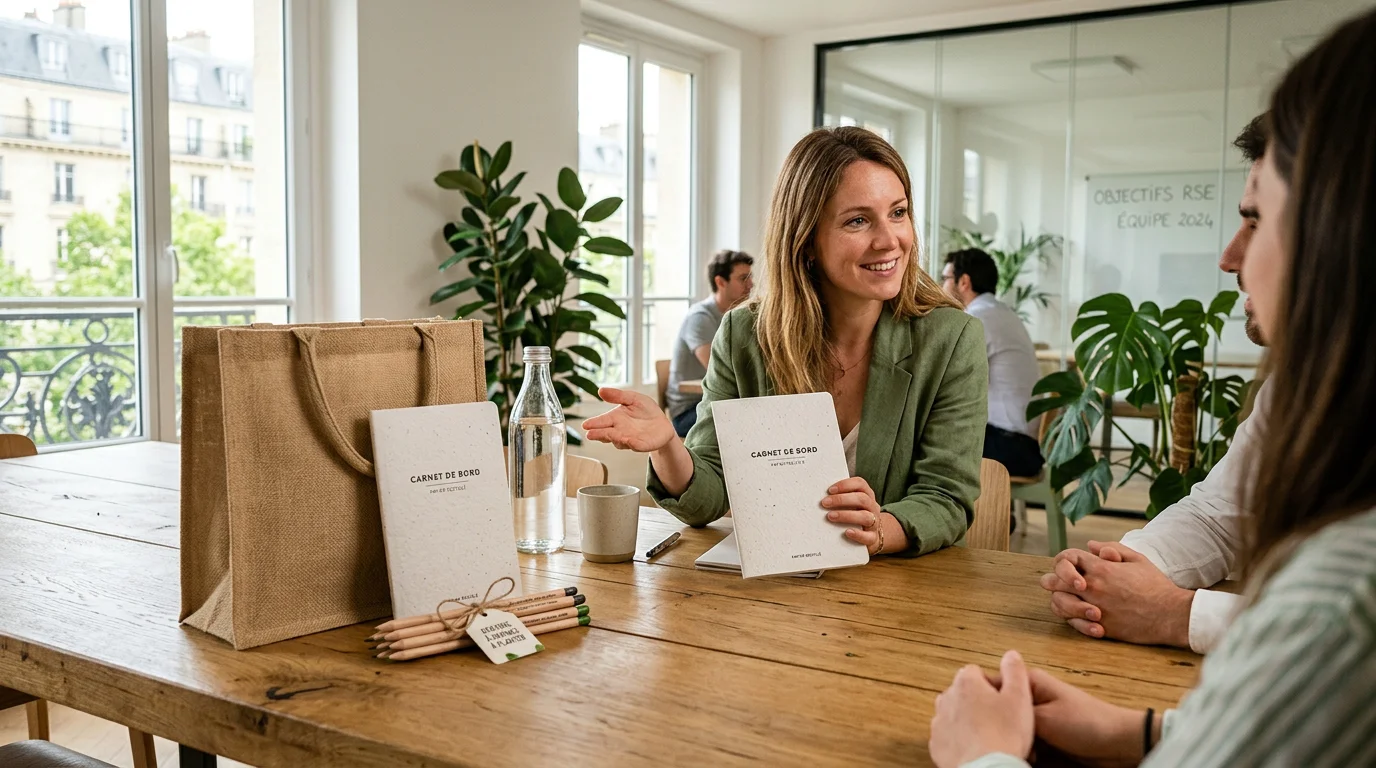 Crayons à graines écoresponsables présentés dans un welcome pack sur un bureau lumineux