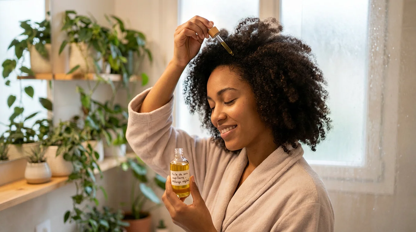 Femme appliquant de l'huile végétale dorée sur son cuir chevelu dans une ambiance bien-être