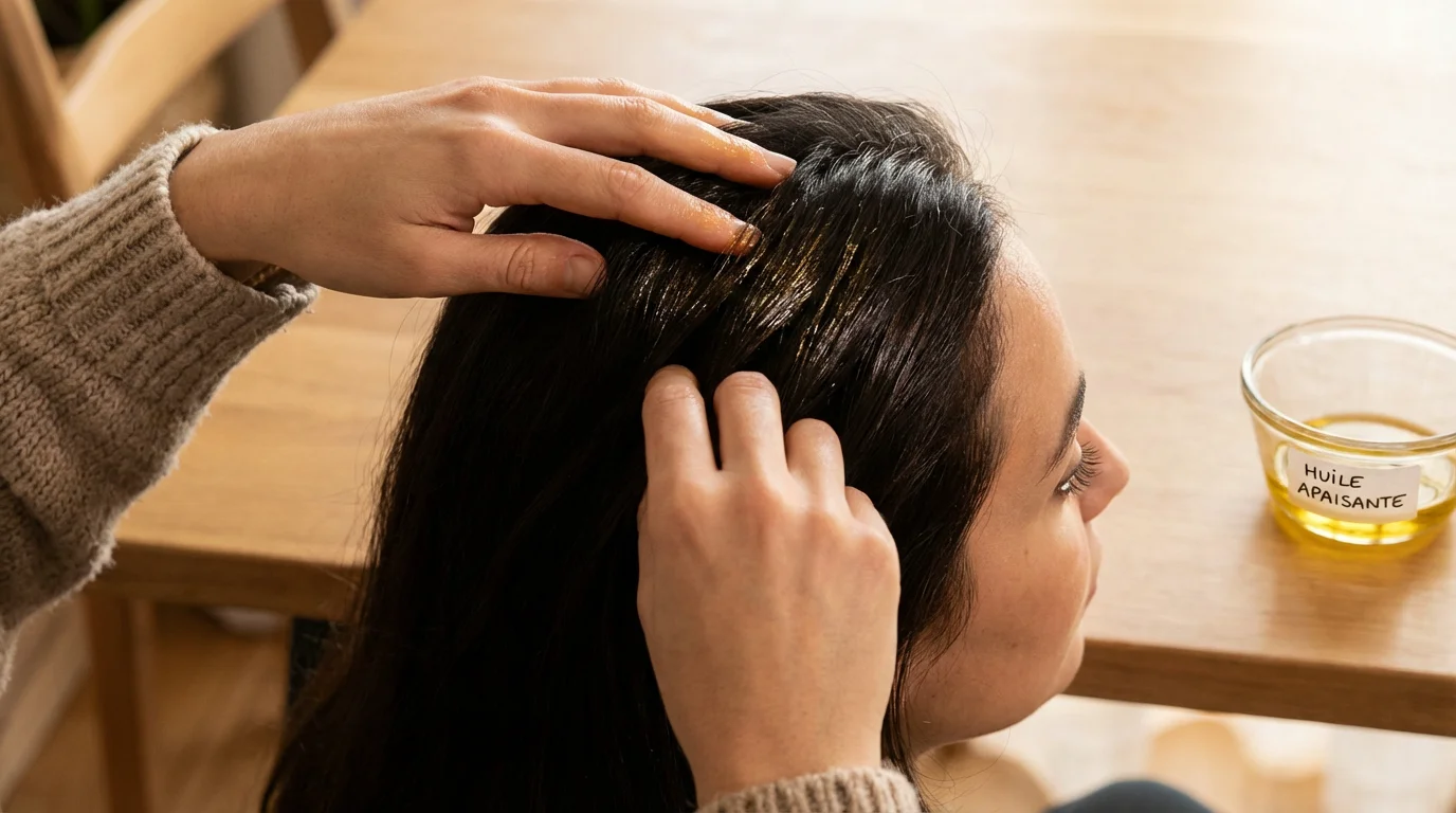 Massage du cuir chevelu avec de l'huile végétale pour stimuler la circulation sanguine