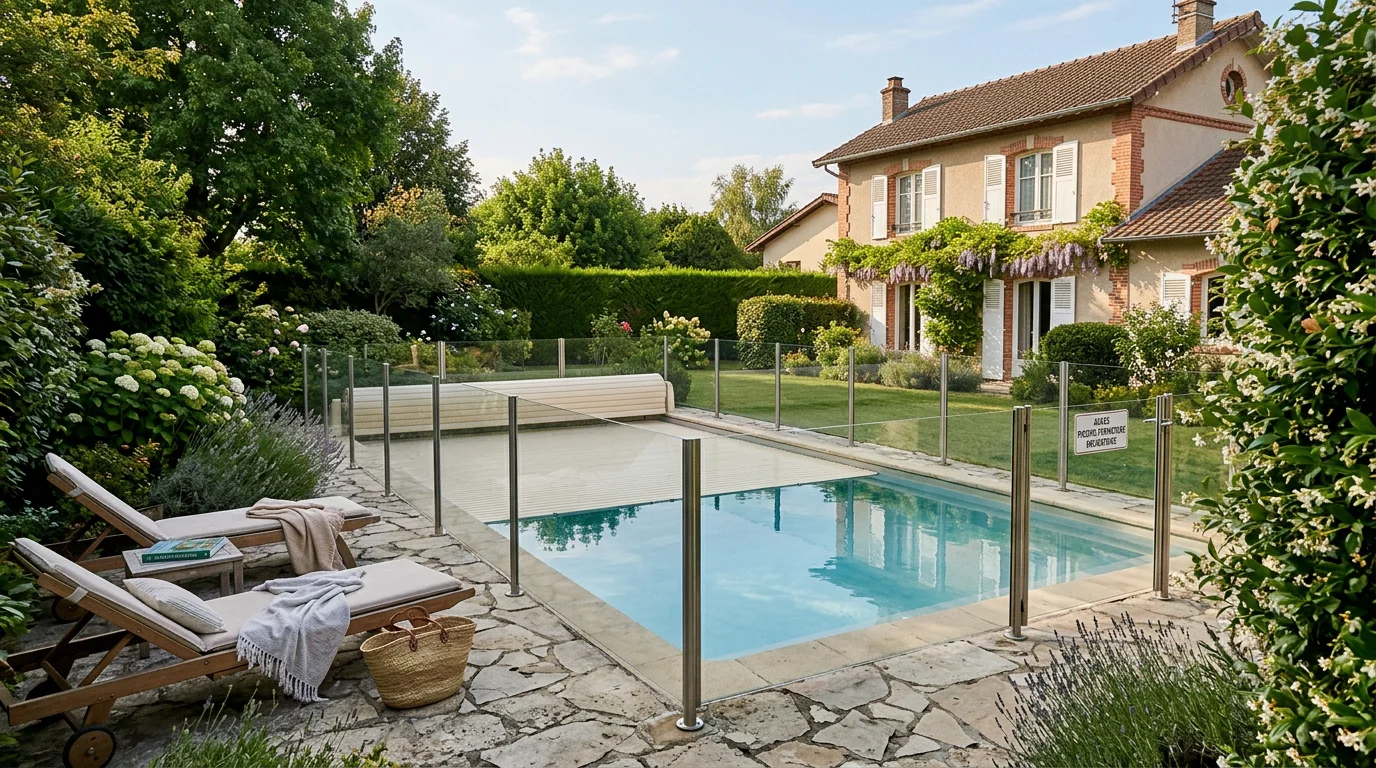 Piscine privée enterrée équipée d'une barrière et d'une couverture de sécurité conformes