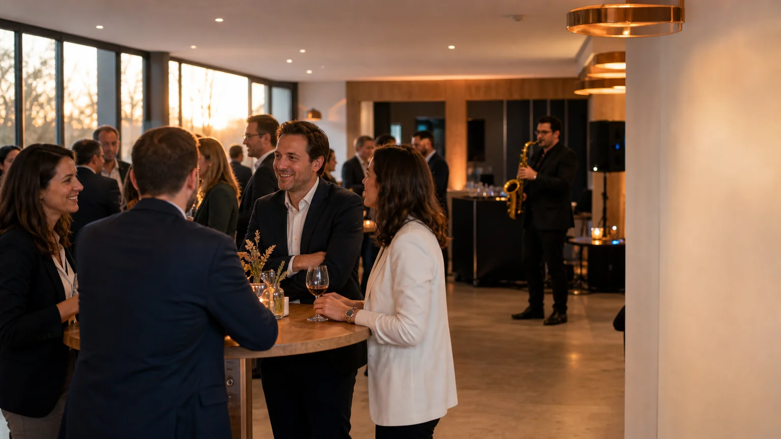 Collaborateurs échangeant pendant une soirée d’entreprise avec une animation musicale live