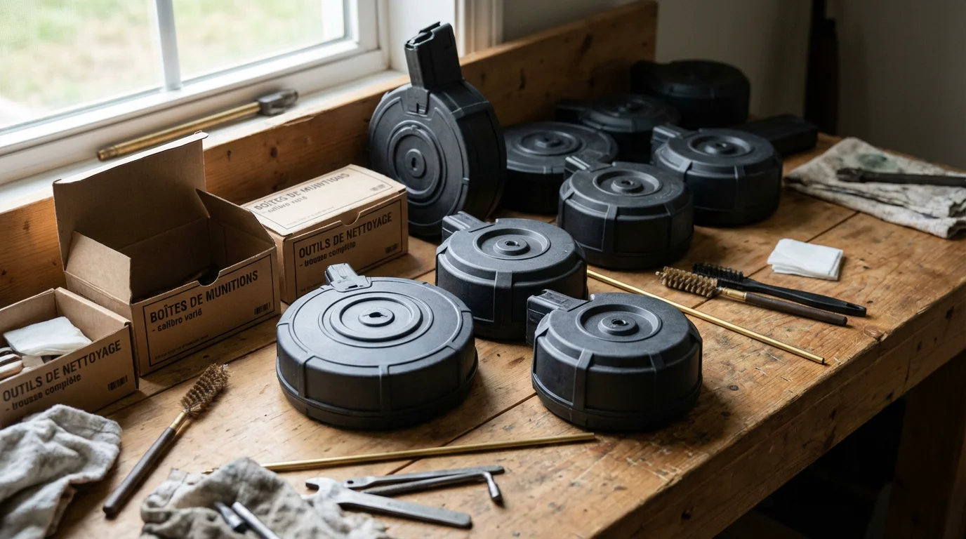 Différents modèles de chargeurs tambour posés sur une table avec accessoires de nettoyage