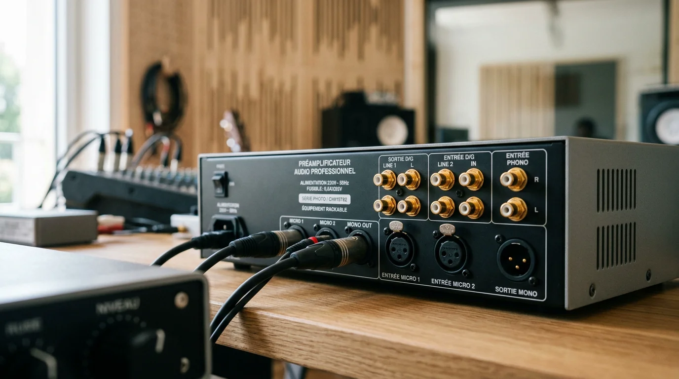 Préamplificateur audio professionnel avec connectique RCA et XLR sur un bureau