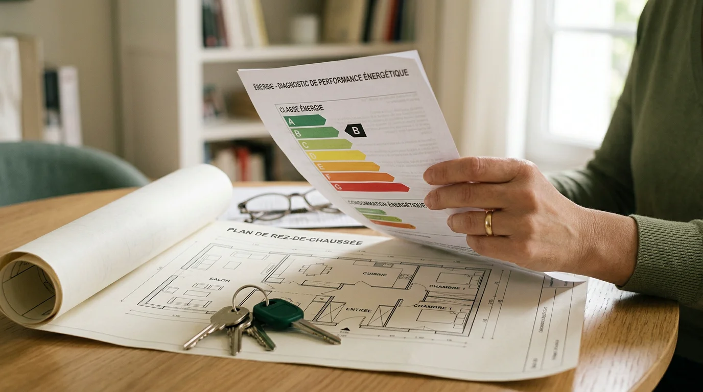 Rapport de diagnostic de performance énergétique posé sur une table avec plan et clés