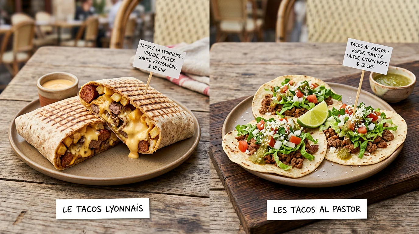 Comparaison entre un french tacos plié et des tacos mexicains ouverts