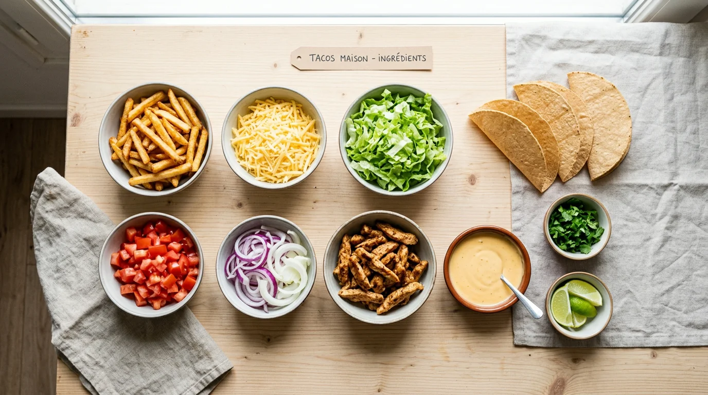 Ingrédients d'un tacos disposés à plat vus de dessus